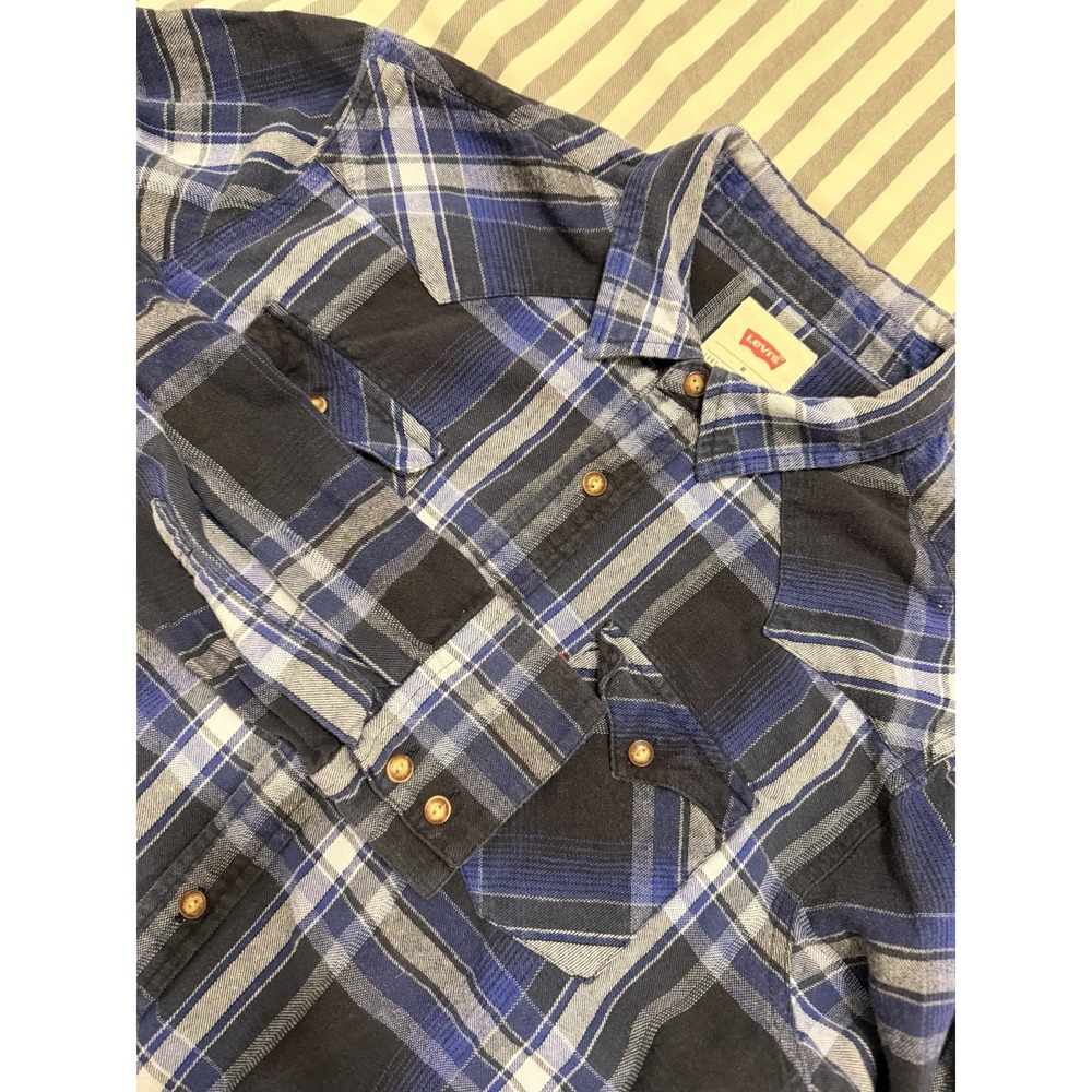 LEVI'S Mens Medium Plaid Flannel Shirt Blue Black Western Pearl Snap Style M